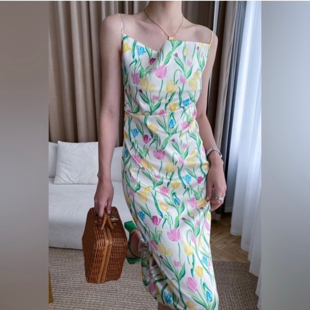 Cute tulip print satin midi dress NWT wedding guest summer